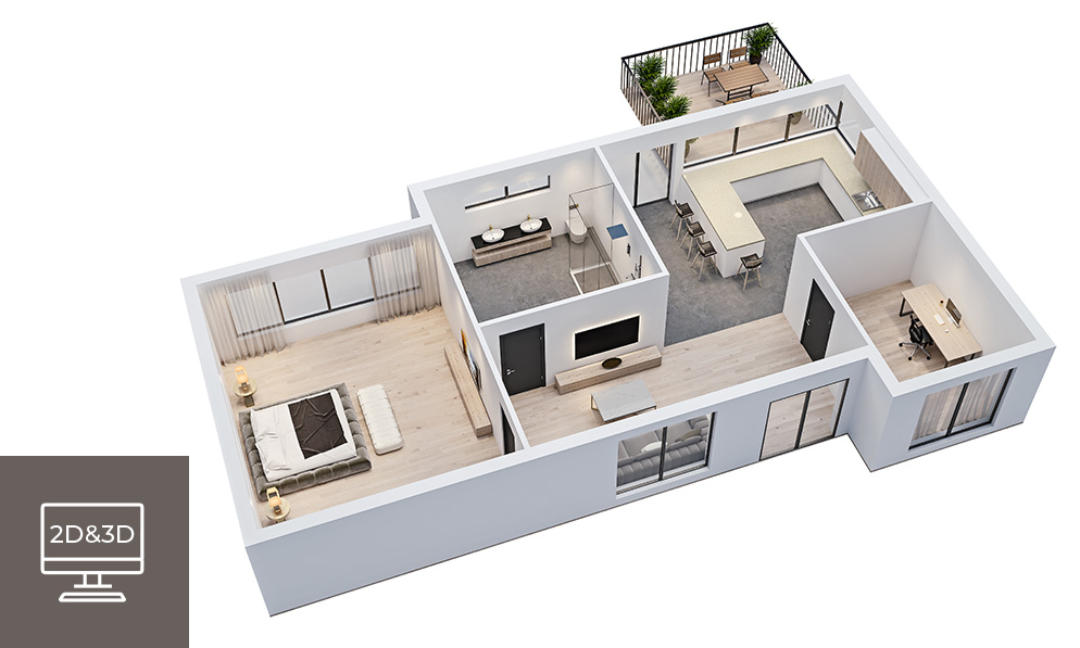 3D-Grundriss einer modern eingerichteten Wohnung mit Schlafzimmer, Bad, Wohnbereich, Küche, Büro und Balkon – Beispiel für professionelle Objektausstattung in der digitalen Raumplanung. WESPRO Hospitality