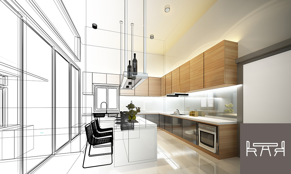 Visualisierung einer modernen Küche in der Objektausstattung: Halb gerenderter 3D-Entwurf und realitätsnahe Darstellung mit Holzfronten, Kücheninsel und integrierter Beleuchtung – Beispiel für professionelle Planung und Umsetzung in der Innenarchitektur durch WESPRO Hospitality.