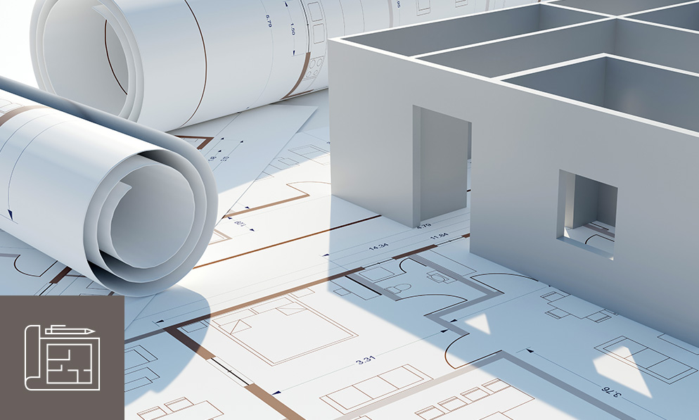 Objektausstattung - Visualisierung einer professionellen Objektausstattung mit architektonischen Bauplänen und 3D-Modell eines Gebäudes; Darstellung von Planungsunterlagen zur barrierefreien Ausstattung von Innenräumen.